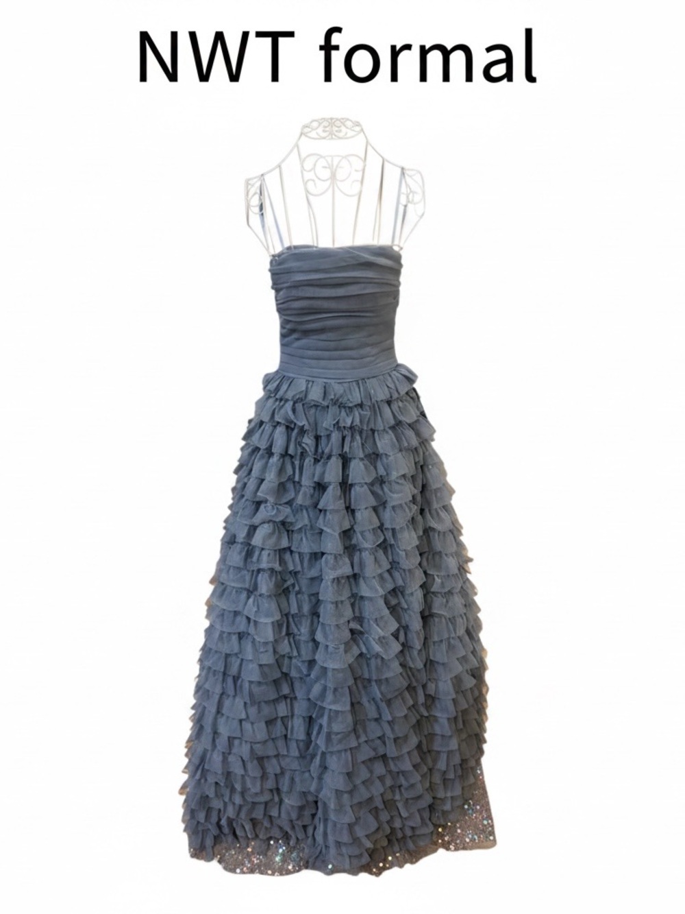 Strapless Ruffled Tulle Ball Gown in Slate Blue